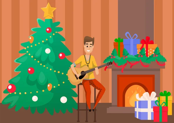 ハンサムな男はギターとモミの木の近くに座ってお祭り騒ぎの歌を歌う 新年とクリスマス 冬のお祝いや休日 ハッピーボーカルは暖炉のある家族パーティーでメロディーと詩を実行します — ストックベクタ