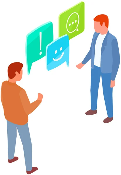 Two Young Men Talking Discussing Sharing Ideas People Communicating Social — Stock Vector
