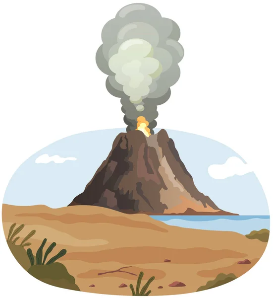 Güçlü Sıcak Lav Püskürtüsü Tepesinde Beyaz Bulutlar Yanan Ateşle Kaya — Stok Vektör