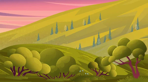 緑の丘や山の夏や春の季節と美しい景色の自然景観草原 牧草地の斜面 田舎の概念へのハイキング旅行 屋外の自然のパノラマ — ストックベクタ