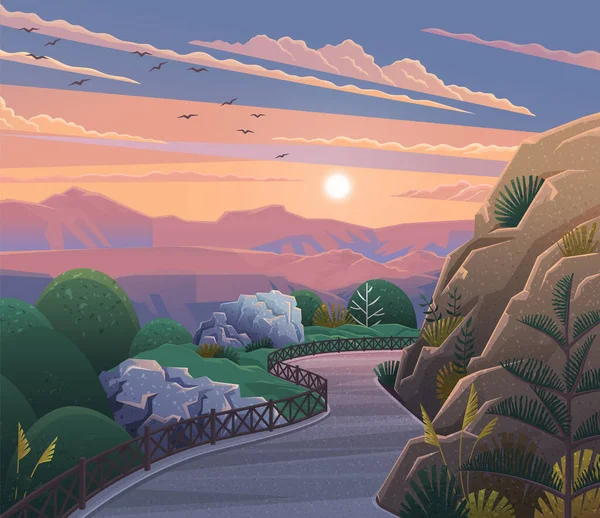 Гірський Пейзажний Фон Заході Сонця Дорога Зеленій Долині Пагорби Хмари — стоковий вектор