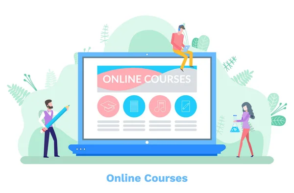 Çevrimiçi Kurslar Vektörü Öğrenciler Derslere Derslere Hazırlanıyor Bilgisayarda Yayın Yapan — Stok Vektör
