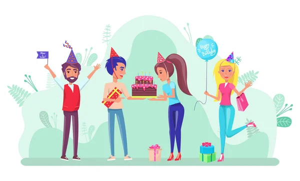Pessoa Celebrando Vetor Aniversário Mulher Com Bolo Fazendo Desejo Amigos — Vetor de Stock