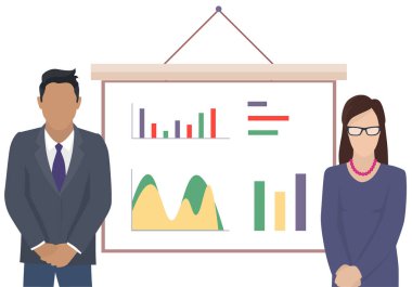 İşadamı dijital analiz çizelgeleri hazırlayan istatistiksel bir raporun sunumunu yapıyor. İş planlama konsepti. Proje yönetimi, mali raporlama ve strateji için takım çalışması danışmanlığı