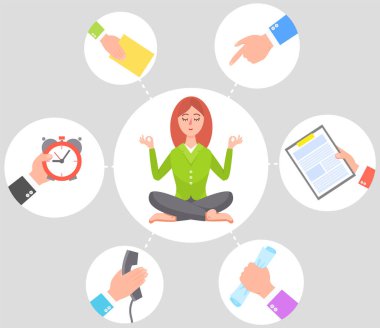 İş kadını farkındalık meditasyonu yapıyor, zihnini çoklu görevlerden arındırıyor ve işiyle çok meşgul. Stresli düşünceleri serbest bırakıp potansiyelini, yogasını ve benliğinin bilincini ifade ediyor.