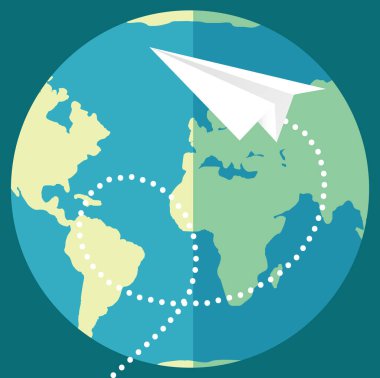 Kağıt uçak dünyanın etrafında dönüyor. Gezegenin arka planına karşı uçak. Dünyanın dört bir yanına kağıt uçaklar şeklinde mektuplar gönderiyor. Uluslararası posta sistemi. Uçak Dünya 'ya yakın uçuyor.