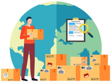 İnsan, malların dünya çapında dağıtımını kontrol eder. Küre ve paketler, doküman ve yer belirleyici. Paket sevkiyatı için şirket çalışanı. Adam kutuları tüm gezegene dağıtmak için mallarla işaretliyor.