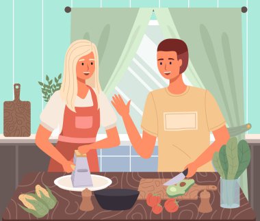 İnsanlar vejetaryen yemekleri pişiriyor. Düzgün beslenme, sağlıklı yaşam tarzı ve vejetaryenlik kavramı. Yemek pişirme süreci. Doğal organik gıda ikonları izole edildi. Salata, organik yemek.