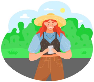 Akıllı telefonlu bir kadın soyut bir arkaplanda iletişim kuruyor. Sohbet etmek için mobil cihaz kullanan kadın karakter. Genç kız internet üzerinden sohbet ediyor. İnsan iletişim kurmak için teknolojiyi kullanır.