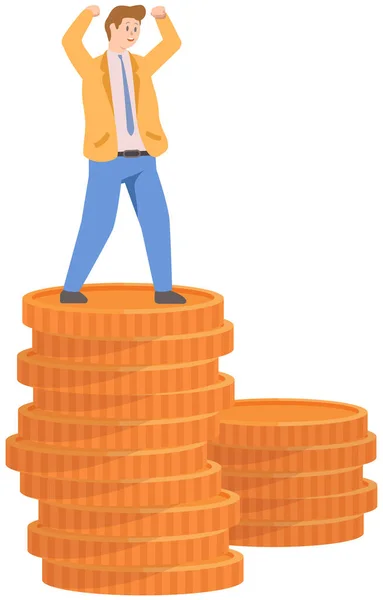 Businessman Standing Pile Gold Coins Metaphor Growth Making Money Rich — Stock Vector