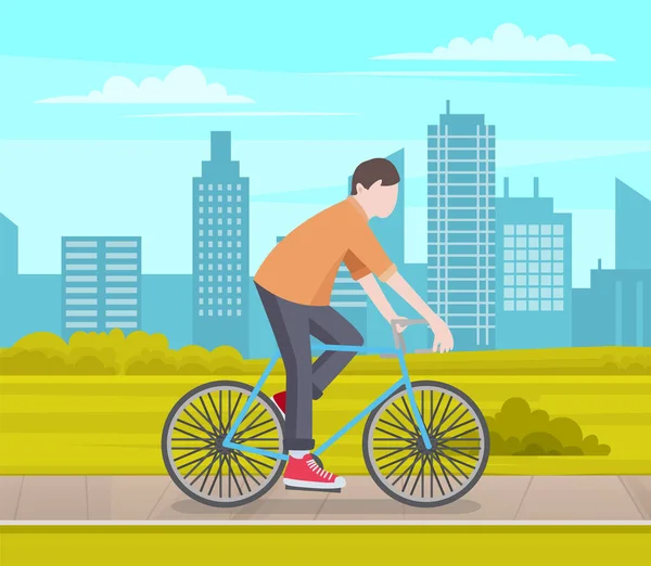 Bicikliző Fickó Városi Parkban Ember Biciklizik Városképben Férfi Karakter Sportol — Stock Vector