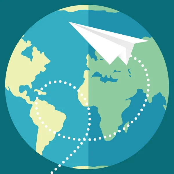 Kağıt Uçak Dünyanın Etrafında Dönüyor Gezegenin Arka Planına Karşı Uçak — Stok Vektör