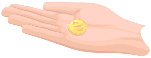 白い背景にコインで人間の手 給与の増加 手に金のペニーを保持 指の間に金セントを有する者 — ストックベクタ