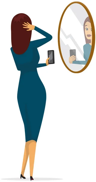 ブルーのドレスを着たブルネット官能的な女性の自撮り 女の子は携帯電話のカメラで鏡で撮影されます 鏡の中にポーズをとる女性キャラクター スマートフォンを持った女性が自画像を作っています — ストックベクタ