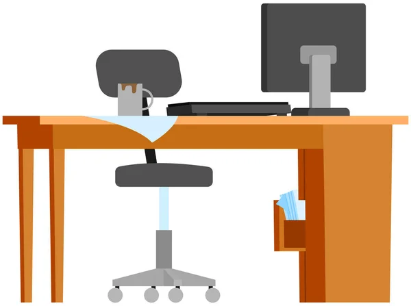 现代工作场所平面设计 办公室椅子和写字台 书堆在舒适的房间里 员工或办公室工作人员工作场所的家具和设备 病媒室内工作空间 — 图库矢量图片
