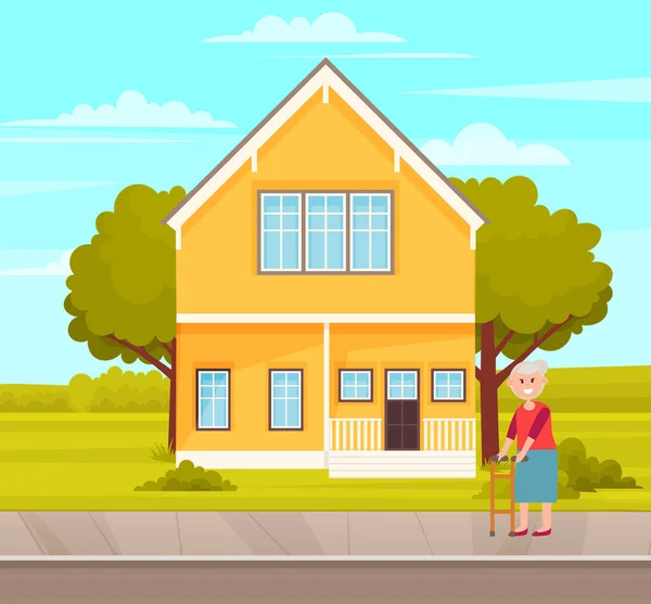 Grandmother Smiles Goes Adult Walker Two Storey House Road Footpath — Stock Vector