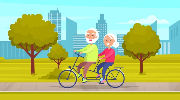 Літня Пара Гуляє Міському Парку Їздить Пару Велосипедів Разом Дорослі — стоковий вектор
