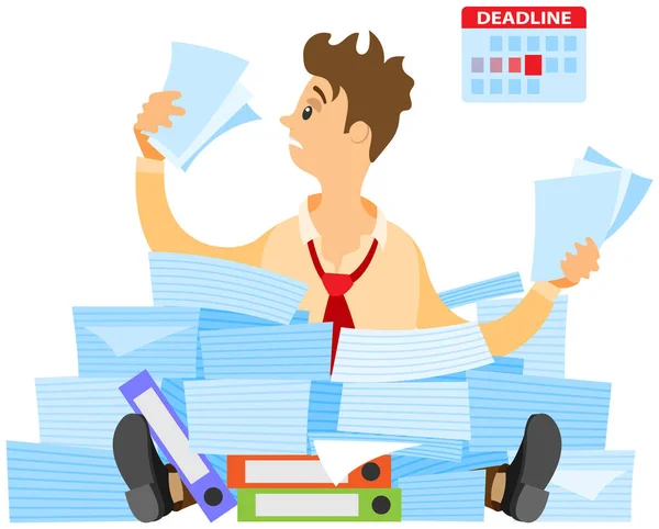 Stressed Businessman Pile Office Papers Documents Trying Finish Work Time — 스톡 벡터