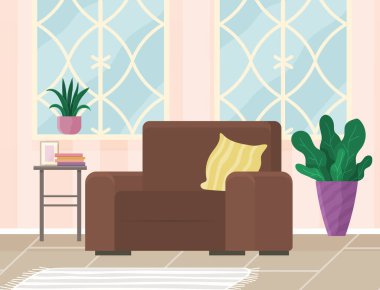 İç tasarım için modern oda. Mobilya ve dekorasyon aksesuarlarıyla dolu rahat bir oda. Düz dizayn iç tasarım. Dairedeki mobilyaların planlanması ve düzenlenmesi. Oturma odası. Ev hayatı. Biçim evi