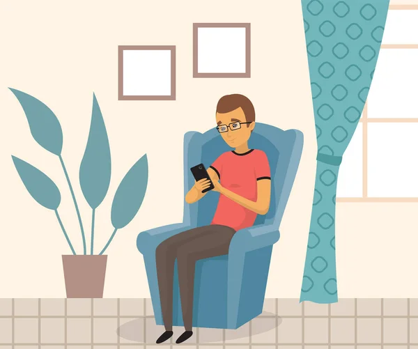 Άνθρωπος Χρησιμοποιεί Smartphone Ενώ Κάθεται Στην Καρέκλα Ιντερνετ Σερφάρισμα Ανάγνωση — Διανυσματικό Αρχείο