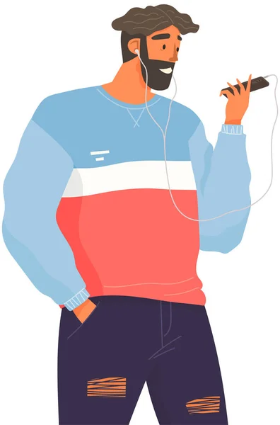 Homme Heureux Avec Casque Regarde Son Smartphone Guy Écoute Musique — Image vectorielle