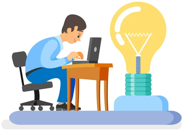 商人用灯泡思考 有创意的想法 男人坐在工作场所和与计算机一起工作 穿西装的人尽量保持冷静 以便按时完成任务 员工处理截止日期的工作 — 图库矢量图片
