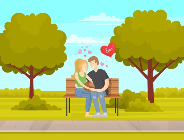 공원에서 좋아하는 사람들 입니다 카툰은 도시의 벤치에 로맨틱 데이트를 즐기는 — 스톡 벡터