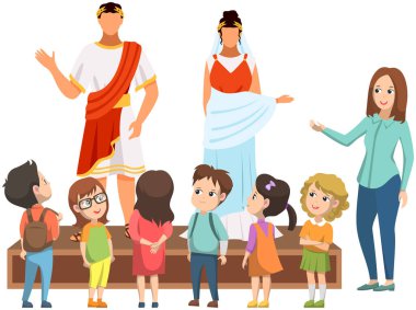 Müze ziyaretçileri, Roma vatandaşlarının klasik figürlerine bakan küçük çocuklardan oluşan bir grup, müze rehberi çocuklara tarihi kişileri anlatıyor, insanlar gezilerde müze gösterilerini izliyorlar.