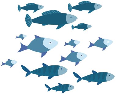 Küçük ve büyük mavi deniz balığı seti beyaz arka planda yüzer. Çizgi film karakterleri okyanusta yaşar. Su ortamının vahşi doğası. Su altı hayvan yaşamı, parmaklama, deniz balığı sürüsü.