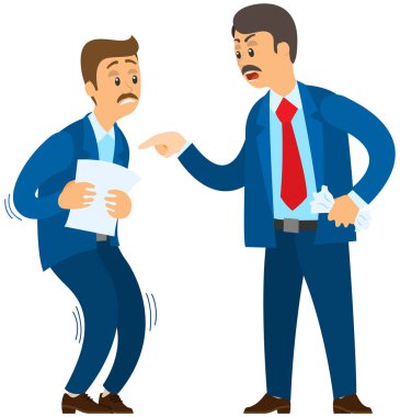 Kızgın patron çalışana bağırıyor. Şef ve işçi arasındaki iş anlaşmazlığı, astı. Yönetmen, işyerindeki sorunlar yüzünden korkmuş işçileri azarlar. Skandal adamı patronundan korkar.