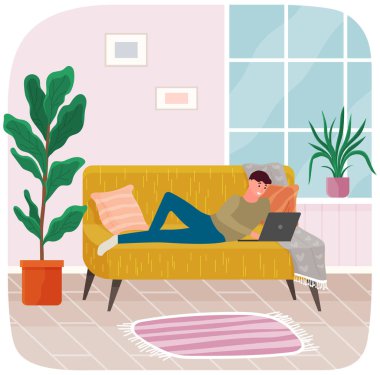 Sohbet, iletişim ve internet üzerinden mesajlar. Adam yalan söylüyor ve sohbet etmek için dizüstü bilgisayar kullanıyor. Bilgisayar klavyesine basmak, online ev rahatlaması. Adam iletişim için dizüstü bilgisayar başında vakit geçiriyor.