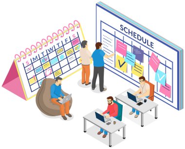 Proje planlaması, teslim tarihi ve zaman yönetimi konsepti. İş ekibi ofis toplantılarının ve etkinliklerin zaman çizelgesini yapar. İnsanlar planı, programı analiz eder. Çalışma çizelgesi çizimi
