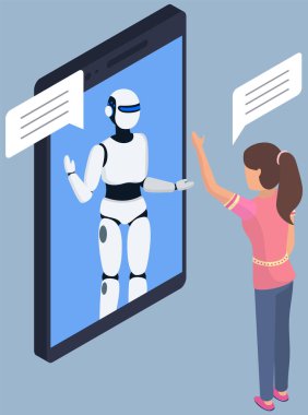 Robot geliştirme, ekranda robot var. Yapay zekayla iletişim kuran bir kadın. Otomatik yapay zeka cihazı kızla konuşuyor. Akıllı telefondan robotla iletişim kurma uygulaması