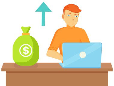 İşadamı masada dizüstü bilgisayarla oturuyor, para dolu çanta, yatırım planları yapıyor. Girişimcinin başarılı mali eylemi. Kâr, banka katkı payları, bilgisayar gelirleri