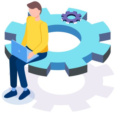 Web tasarımı için işletim sistemi bakımı. Uygulama ayarlanıyor, seçenekler ayarlanıyor, tamir ediliyor, tamir ediliyor. Dizüstü bilgisayarı olan bir adam settigns programıyla çalışıyor. Bilgisayarlı telefon özelleştirme uygulaması geliştirme