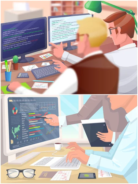 프로그래머와 분석가는 테이블 위에서 컴퓨터를 가리키며 차트와 프로그램 코드를 주었다 — 스톡 벡터