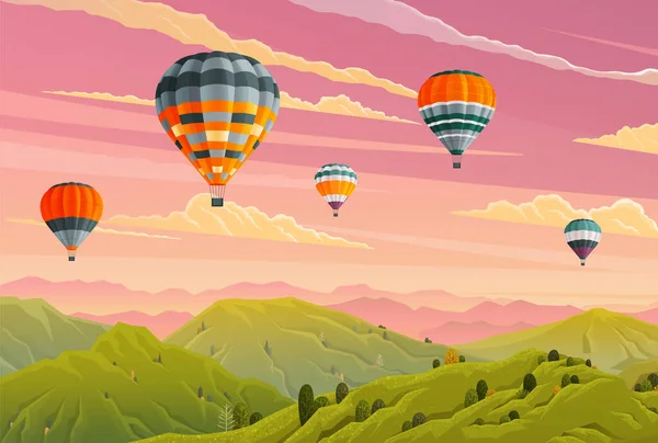 云彩和带条纹的热气球在淡紫色云天的映衬下飞过群山 热气球节 美丽的景色在夕阳的天空中出现了几个色彩艳丽的球 浪漫的飞行 — 图库矢量图片