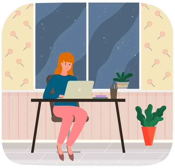Aprendizaje Distancia Freelance Entretenimiento Por Internet Mujer Trabajando Con Portátil — Archivo Imágenes Vectoriales