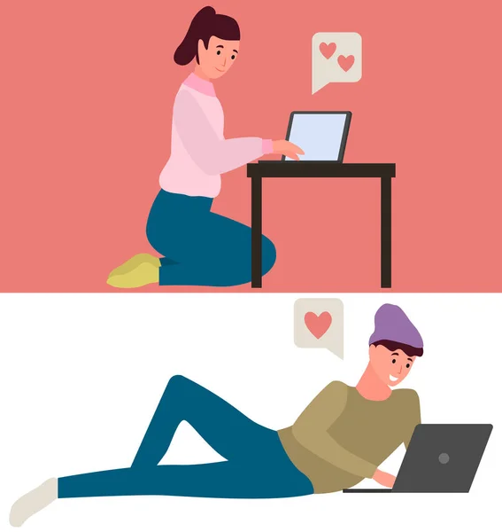 stock vector Chatting, communication and sending messages via Internet. People in relationship using laptops, computers to chat. Spending time at laptop for communication. Lovers man and woman social networking