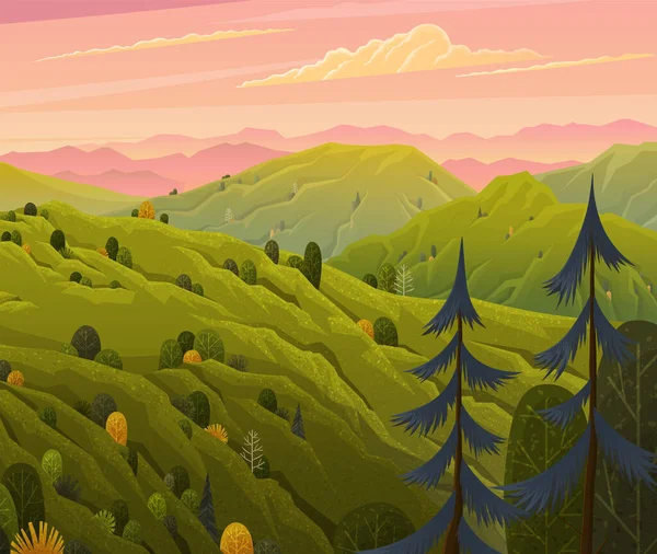 Zielony Krajobraz Góry Wektor Ilustracja Drzew Krzewów Pierwszym Planie Wiejski — Wektor stockowy