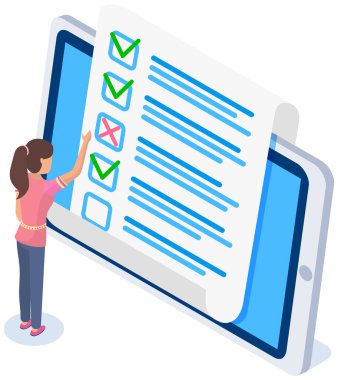 Tablet ekranında çevrimiçi form araştırması. Kadın boş görünüyor. Cevapları düşünen bir kız. Femail karakteri sınav kağıdına bakar. İş kadını anket formunun doğruluğunu kontrol ediyor