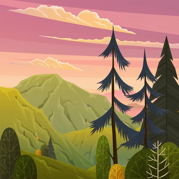 Zielony Krajobraz Góry Wektor Ilustracja Drzew Krzewów Pierwszym Planie Wiejski — Wektor stockowy