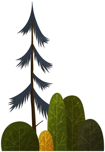绿色简单的图形艺术树和灌木 薄棕色树干和分枝 森林植物被白色隔离 大云杉叶状圆形 景观元素在卡通概念中的矢量图解 — 图库矢量图片