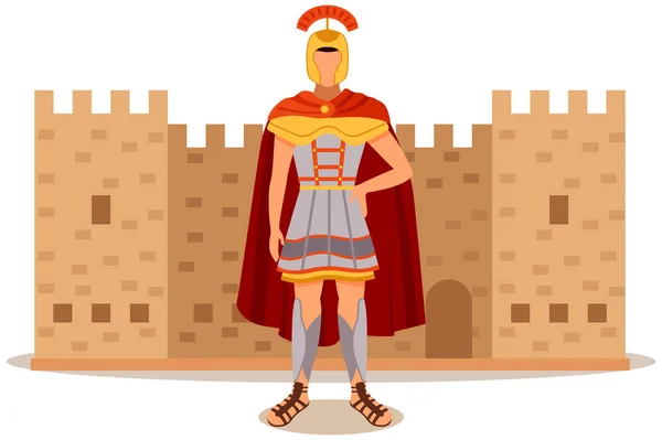 Ρώμη Φρούριο Αρχαίος Στρατιώτης Κράνος Μανδύα Και Πανοπλία Σταθεί Κοντά — Διανυσματικό Αρχείο