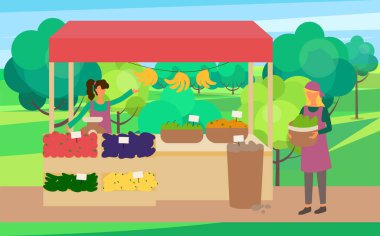 Market vektörü, kutularda ve raflarda organik ürünleri olan kadın. Sebze, salatalık ve patlıcan alıcısı. Park 'taki yaz hasadı müşteri pazarı. Sokak dükkanlı festival pazarı