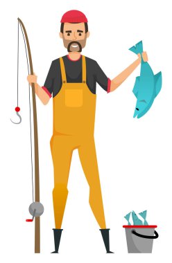 Elinde olta ve balık tutan bir adam, portre, şapka ve takım elbise giyen gülümseyen erkek karakter, kovadaki balıklar, balıkçılık hobisi. Çizgi film tarzında vektör illüstrasyonu