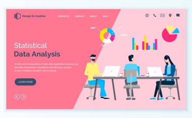 İstatistiksel veri analizi, masadaki insanlar satış ve ticareti tartışıyor, dizüstü bilgisayarlar, şemalar ve çizelgeler üzerinde çalışıyorlar. Vektör web sitesi veya web sayfası şablonu, iş uygulaması şablonu