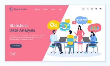 İstatistiksel veri analiz vektörü, konferansta oturan kadın ve erkek beyin fırtınası yapıyor. Yeni konsept ve iş fikirlerinin sunumu. Web sitesi veya web sayfası şablonu, iniş sayfası düz biçimi