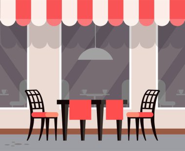 Dış tasarımı olan bir kafe, sandalyeli ve masa örtülü bir masa. Restoranın penceresi, dışarıda yemek yemek için açık mobilya, sokak manzarası. Çizgi film tarzında vektör illüstrasyonu