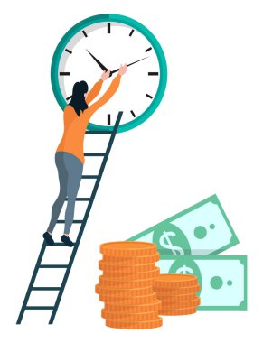 Merdivendeki kız saati kuruyor. Kız saatin kollarını oynatıyor. Bir yığın altın para ve dolar işaretli iki yeşil banknot. Merdivenlerdeki kadın zamanı ayarlıyor. Çizgi film tarzında vektör illüstrasyonu